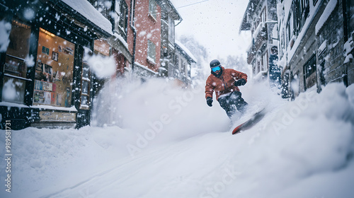A snowboarder speeding down a narrow snow-covered street in a mountain town dodging obstacles as they race through the urban landscape.