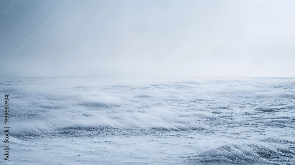 A snowstorm sweeping across a barren plain with visibility reduced to a few feet as the snow swirls violently in the wind.
