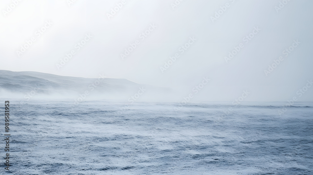 A snowstorm sweeping across a barren plain with visibility reduced to a few feet as the snow swirls violently in the wind.