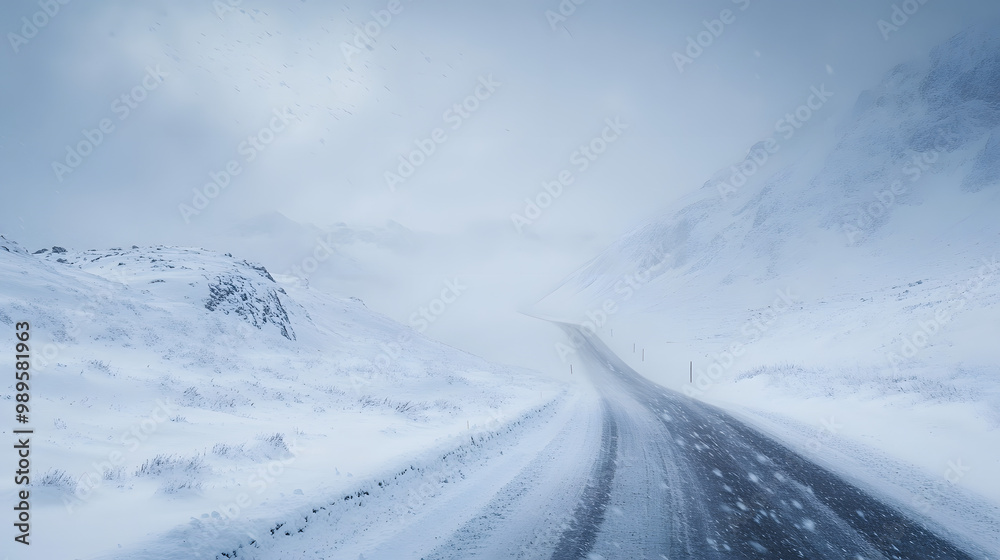 A snowstorm sweeping across a remote mountain pass with snow blowing in the wind and the road barely visible under the heavy snowfall.