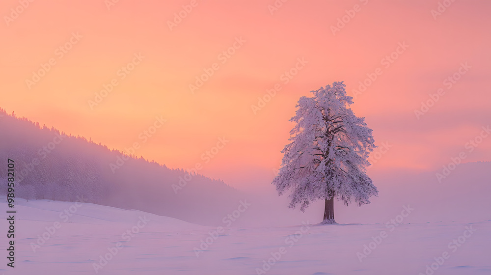 A snowy meadow at dawn with a single tree standing in the middle its branches heavy with snow and the sky glowing softly in shades of pink and orange.