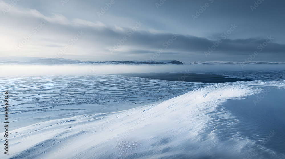 A snowy hilltop overlooking a frozen lake with low clouds hanging over the horizon and the wind sweeping across the snow creating ripples and patterns.