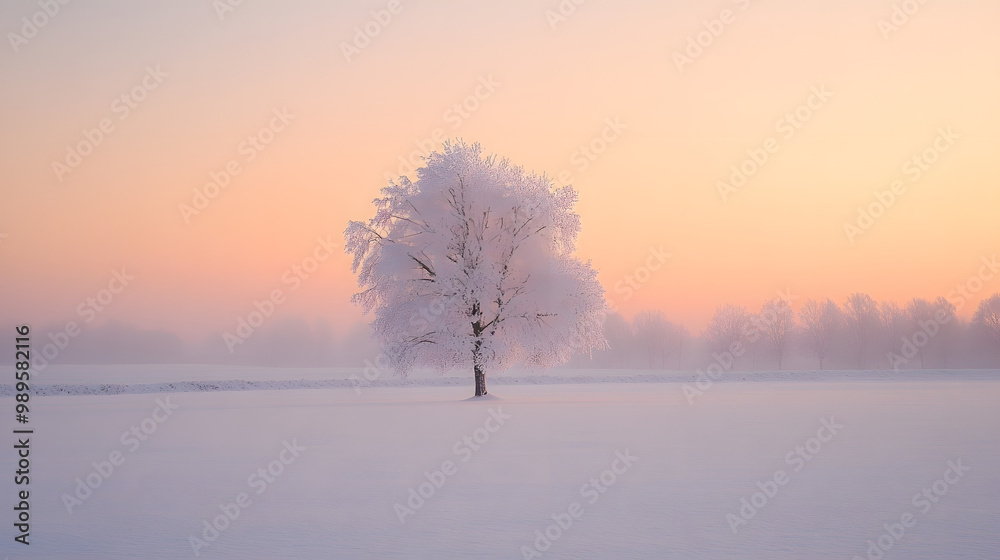 A snowy meadow at dawn with a single tree standing in the middle its branches heavy with snow and the sky glowing softly in shades of pink and orange.