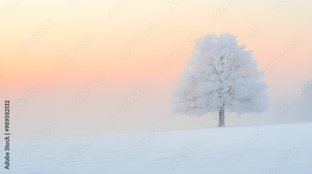 A snowy meadow at dawn with a single tree standing in the middle its branches heavy with snow and the sky glowing softly in shades of pink and orange.