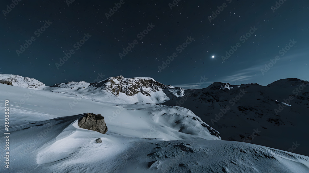 A snowy mountain ridge illuminated by the soft glow of the moon with shadows stretching across the untouched snow and the stars twinkling above.