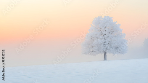 Obraz na płótnie A snowy meadow at dawn with a single tree standing in the middle its branches heavy with snow and the sky glowing softly in shades of pink and orange. w salonie