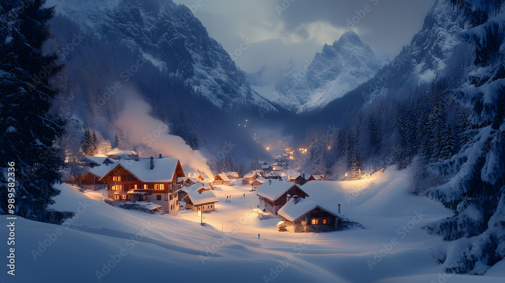 A snowy village nestled in a mountain valley with cozy cottages covered in snow smoke rising from chimneys and the surrounding peaks glowing in the twilight.