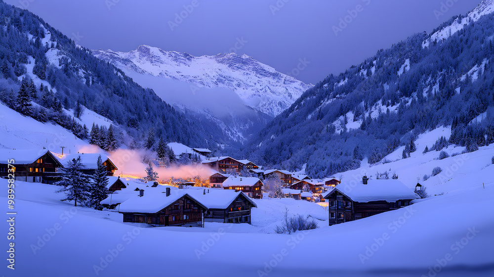 A snowy village nestled in a mountain valley with cozy cottages covered in snow smoke rising from chimneys and the surrounding peaks glowing in the twilight.