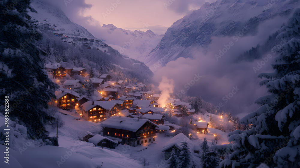 A snowy village nestled in a mountain valley with cozy cottages covered in snow smoke rising from chimneys and the surrounding peaks glowing in the twilight.