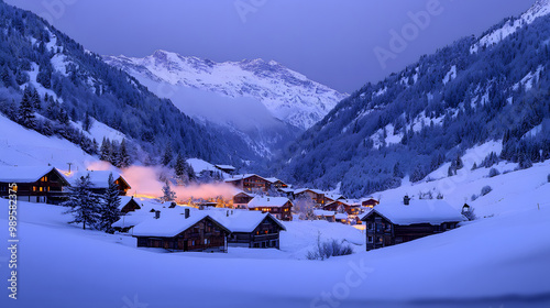 Obraz na płótnie A snowy village nestled in a mountain valley with cozy cottages covered in snow smoke rising from chimneys and the surrounding peaks glowing in the twilight. w salonie