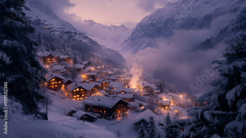Obraz na płótnie A snowy village nestled in a mountain valley with cozy cottages covered in snow smoke rising from chimneys and the surrounding peaks glowing in the twilight. w salonie