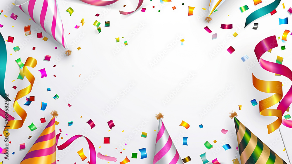 Fototapeta premium Happy birthday greeting frame background. Birthday greeting text with gift box, pennants and party hat decoration elements for invitation card design. illustration card background.