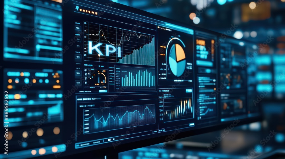 Naklejka premium Modern KPI Dashboard Displaying Key Performance Indicators with Graphs and Charts in a High-Tech Business Environment