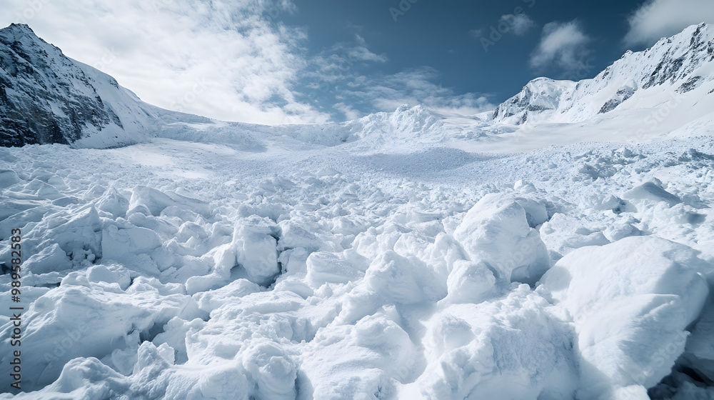 A time-lapse of an avalanche debris field slowly settling after the initial impact with the snow and ice solidifying into dense layers.