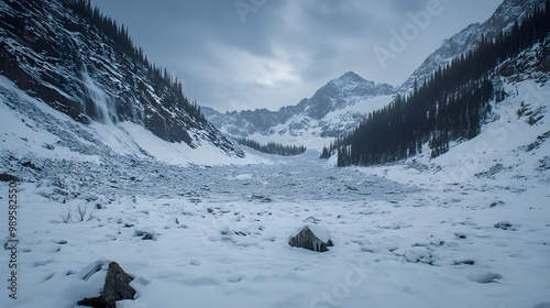 Obraz na płótnie A time-lapse of an avalanche debris field slowly settling after the initial impact with the snow and ice solidifying into dense layers. w salonie