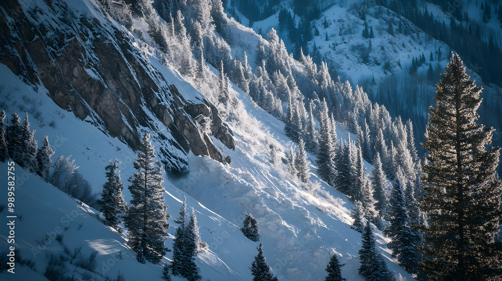 A time-lapse sequence showing an avalanche reshaping a mountainside with snow covering trees and rocks in its path.