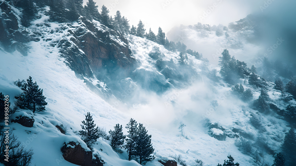 A time-lapse sequence showing an avalanche reshaping a mountainside with snow covering trees and rocks in its path.