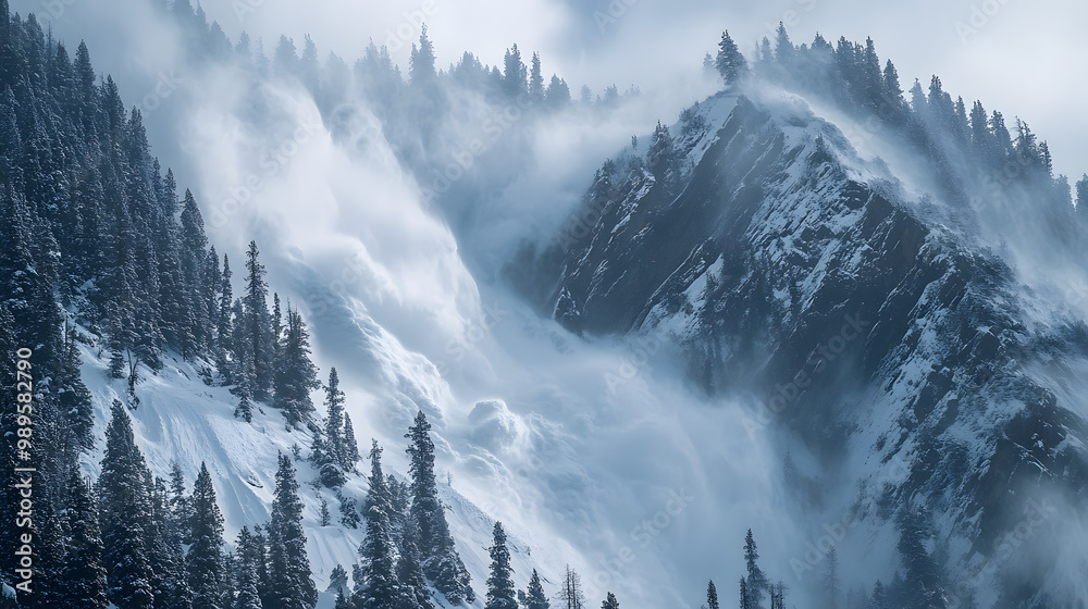A time-lapse sequence showing an avalanche reshaping a mountainside with snow covering trees and rocks in its path.