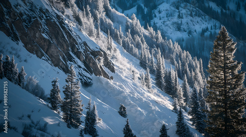 Obraz na płótnie A time-lapse sequence showing an avalanche reshaping a mountainside with snow covering trees and rocks in its path. w salonie