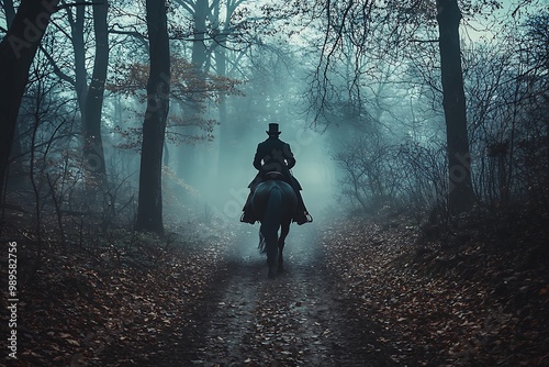 Victorian rider in a ghostly forest scene, Gothic depiction.