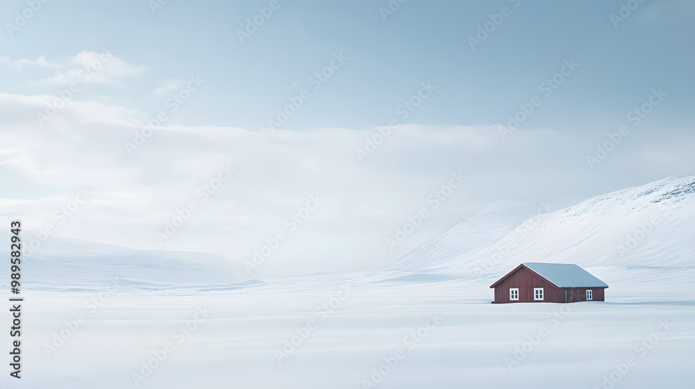 A vast snowy expanse with only a single wooden cabin visible in the distance surrounded by snow-covered hills and the pale winter sky stretching endlessly overhead.