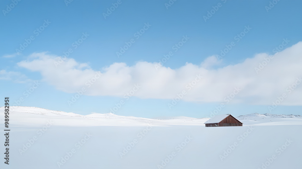 A vast snowy expanse with only a single wooden cabin visible in the distance surrounded by snow-covered hills and the pale winter sky stretching endlessly overhead.