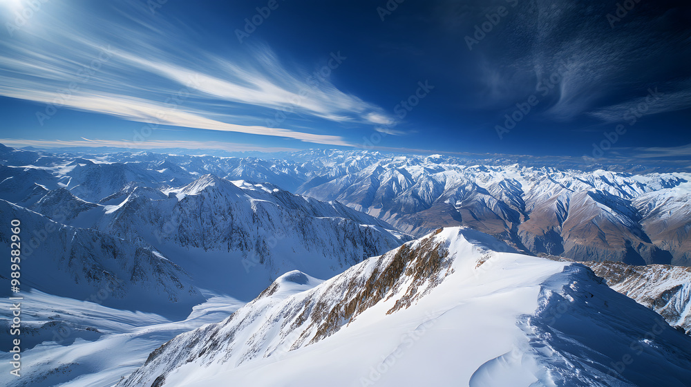 A vast snow-covered mountain range under a deep blue sky with the bright sunlight casting sharp shadows across the slopes.