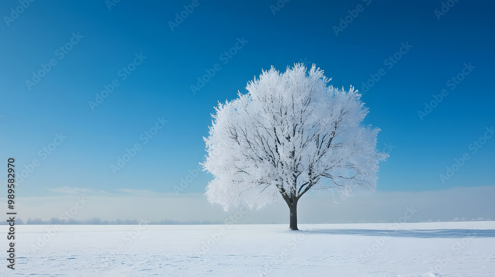 A wide open snowy field with a single tree standing in the middle its branches heavy with frost and snow and the sky above a deep winter blue.