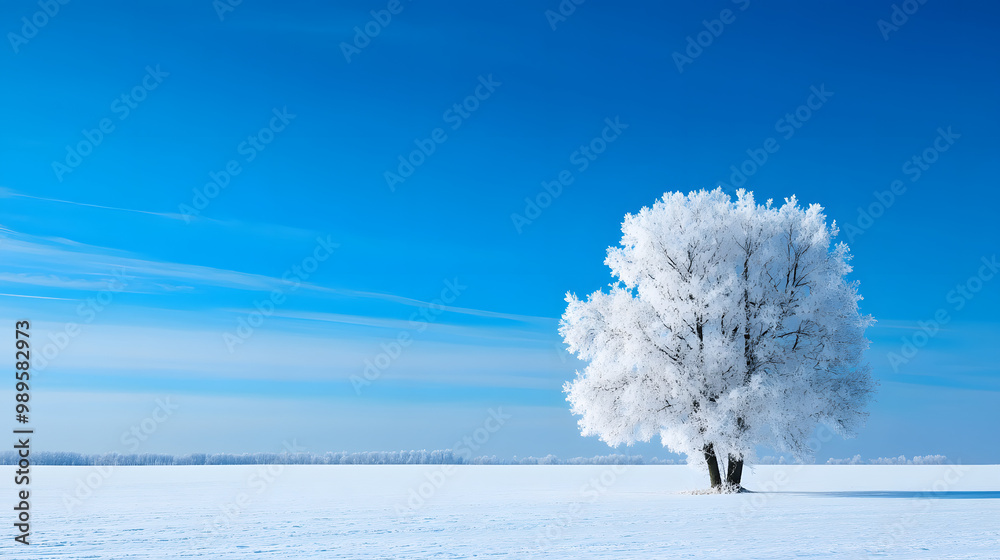 A wide open snowy field with a single tree standing in the middle its branches heavy with frost and snow and the sky above a deep winter blue.