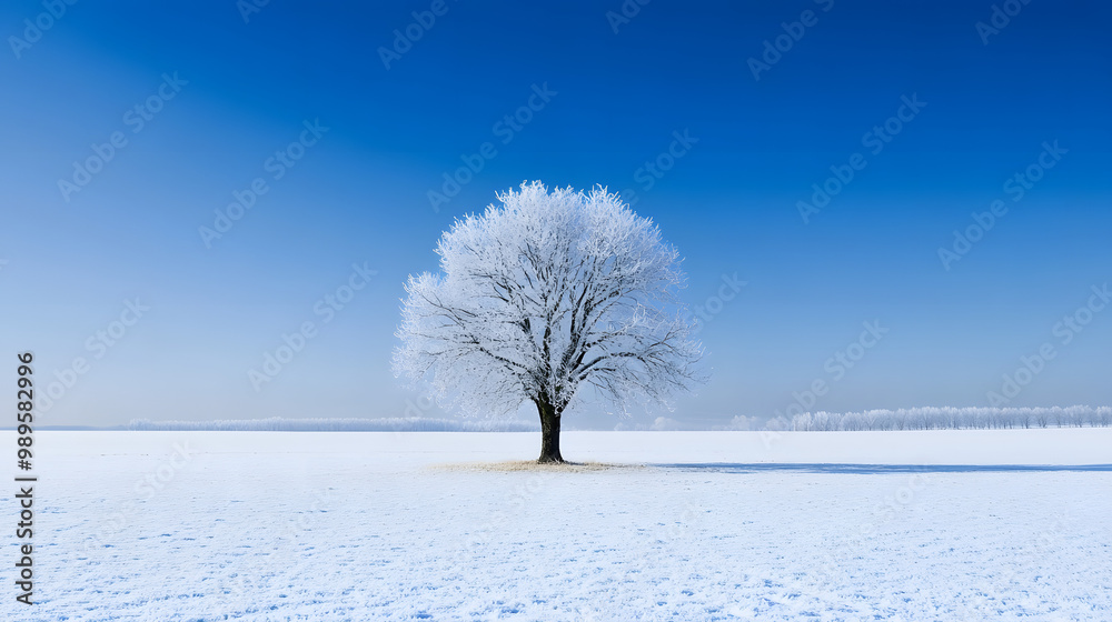 A wide open snowy field with a single tree standing in the middle its branches heavy with frost and snow and the sky above a deep winter blue.