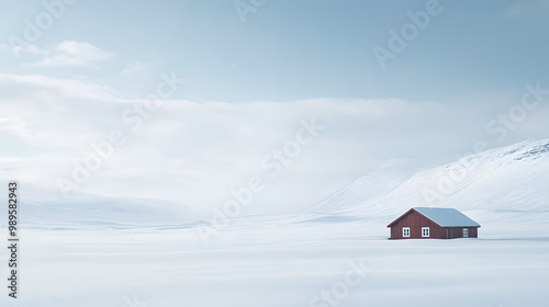 Obraz na płótnie A vast snowy expanse with only a single wooden cabin visible in the distance surrounded by snow-covered hills and the pale winter sky stretching endlessly overhead. w salonie