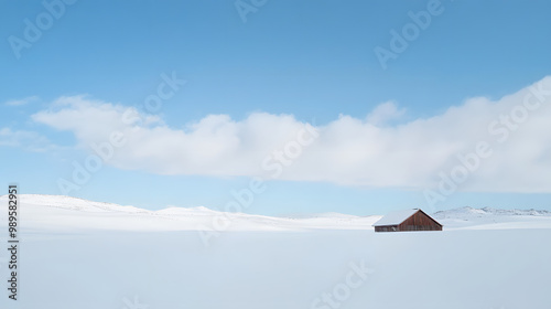 Obraz na płótnie A vast snowy expanse with only a single wooden cabin visible in the distance surrounded by snow-covered hills and the pale winter sky stretching endlessly overhead. w salonie