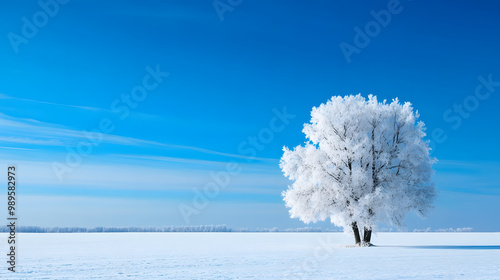 Obraz na płótnie A wide open snowy field with a single tree standing in the middle its branches heavy with frost and snow and the sky above a deep winter blue. w salonie