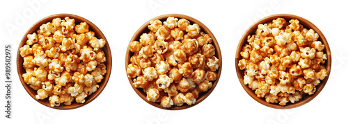 Three wooden bowls filled with caramel popcorn offer a sweet and crunchy treat photo