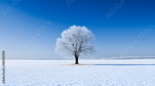 Obraz na płótnie A wide open snowy field with a single tree standing in the middle its branches heavy with frost and snow and the sky above a deep winter blue. w salonie