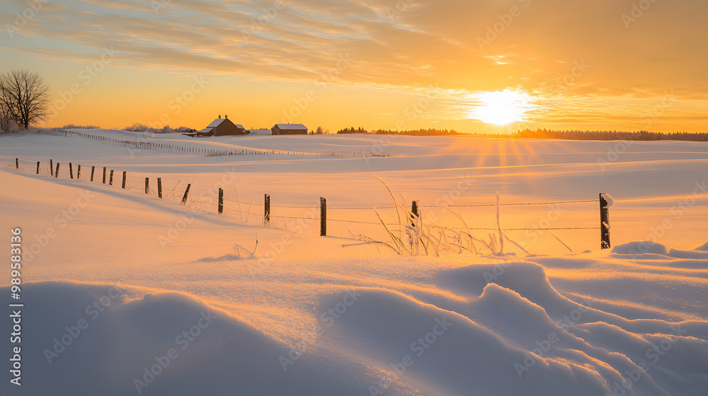A winter sunset over a snow-covered farm with rows of fences and barns barely visible through the thick blanket of snow and the sky painted in shades of gold and orange.