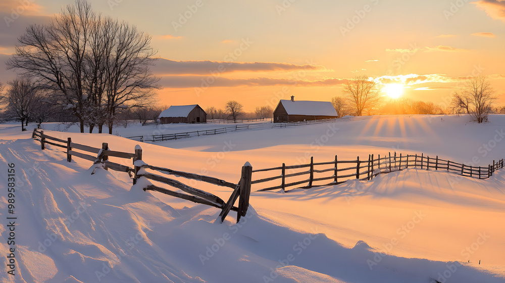 A winter sunset over a snow-covered farm with rows of fences and barns barely visible through the thick blanket of snow and the sky painted in shades of gold and orange.
