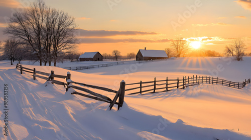 Obraz na płótnie A winter sunset over a snow-covered farm with rows of fences and barns barely visible through the thick blanket of snow and the sky painted in shades of gold and orange. w salonie