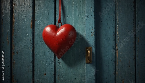 Red heart decoration hanging on an old blue wooden door background. photo