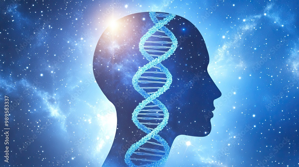 DNA and Brain Science Concept: Double Helix Inside Human Brain with Space Background, Illustrating Genetics, Cognition, and Future Medical Research DNA and Brain Science Concept: Double Helix Inside Human Brain with Space Background, Illustrating Genetics, Cognition, and Future Medical Research