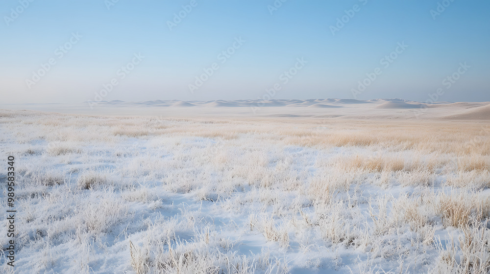 A vast snow-covered prairie stretching to the horizon with low hills barely visible in the distance and a soft layer of frost covering the tall grasses.
