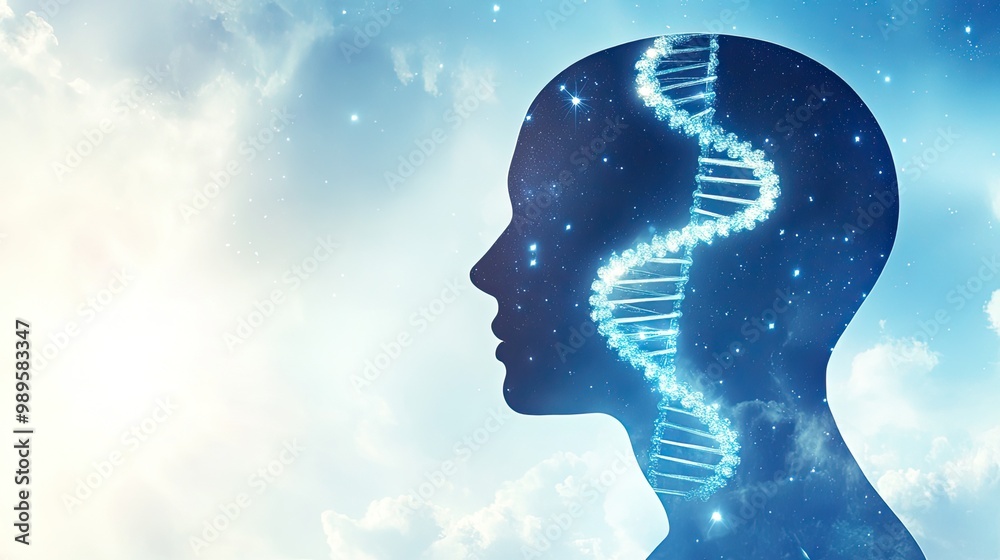 DNA and Brain Science Concept: Double Helix Inside Human Brain with Space Background, Illustrating Genetics, Cognition, and Future Medical Research DNA and Brain Science Concept: Double Helix Inside Human Brain with Space Background, Illustrating Genetics, Cognition, and Future Medical Research