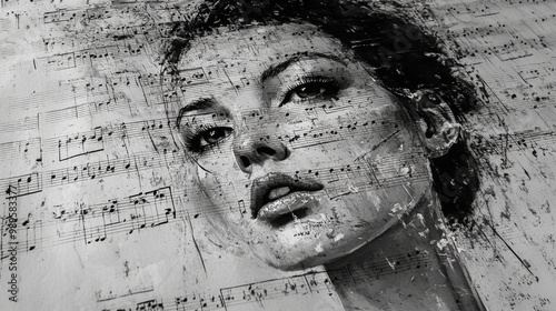 Wallpaper Mural The image features a blurred face over a background of a music score, splattered with ink. The artistic composition blends musical elements and abstract art seamlessly. Torontodigital.ca