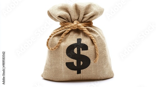 A classic image showing a burlap money bag tied with rope, prominently featuring a dollar sign photo