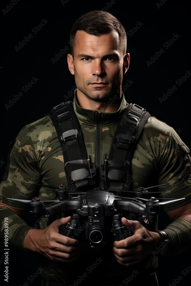 A military personnel holding a drone in a combat uniform against a dark background