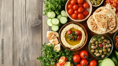 A vibrant array of Mediterranean food including hummus, fresh vegetables, pita bread, and herbs arranged on a rustic wooden table, ready for a delicious meal and sharing.