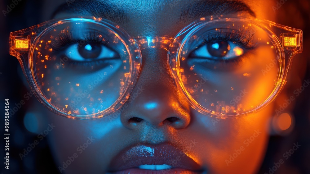 Young woman with large glasses reflecting data patterns in a high-tech environment. Working on coding and software in a futuristic digital space. Young woman with large glasses reflecting data patterns in a high-tech environment. Working on coding and software in a futuristic digital space.