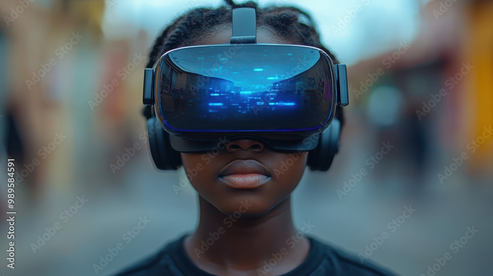 Close-up of a woman wearing VR headset, immersed in virtual reality, futuristic technology concept with glowing digital cityscape reflected on the visor Close-up of a woman wearing VR headset, immersed in virtual reality, futuristic technology concept with glowing digital cityscape reflected on the visor
