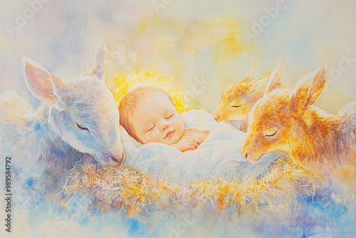 Watercolor illustration of baby Jesus in manger, soft golden light and animals, warm, peaceful nativity scene