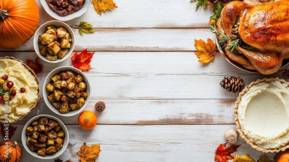 A beautifully arranged Thanksgiving table featuring a golden roasted turkey, various side dishes like mashed potatoes and roasted vegetables, surrounded by pumpkins and fall decor.